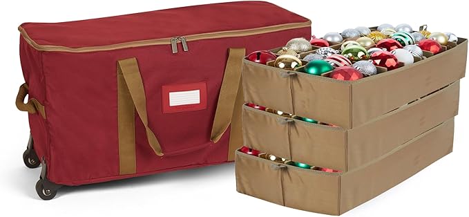 Covermates Keepsakes Rolling Adjustable Ornament Storage Bag – Heavy-Duty Polyester, FlexGrid Trays & Padded Dividers – Protective Holiday Organizer with Wheels, Handles & ID Window, Red