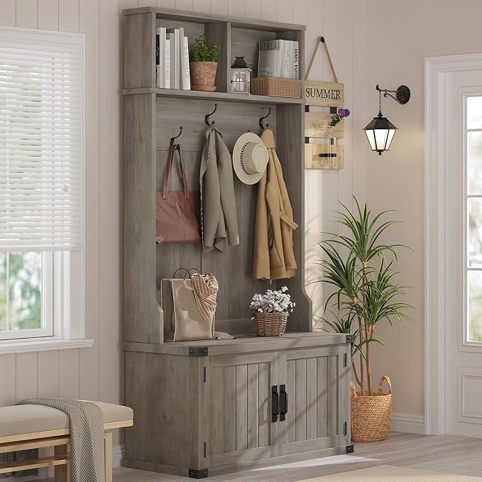 Garvee 77" H Farmhouse Hall Tree with Bench & Shoe Storage, Coat Rack | Mudroom Storage with 5 Tri-Hooks, Enclosed Cabinet, Adjustable Shelf, 2 Top Cubbies, for Entryway, Space Saving, Rustic Gray