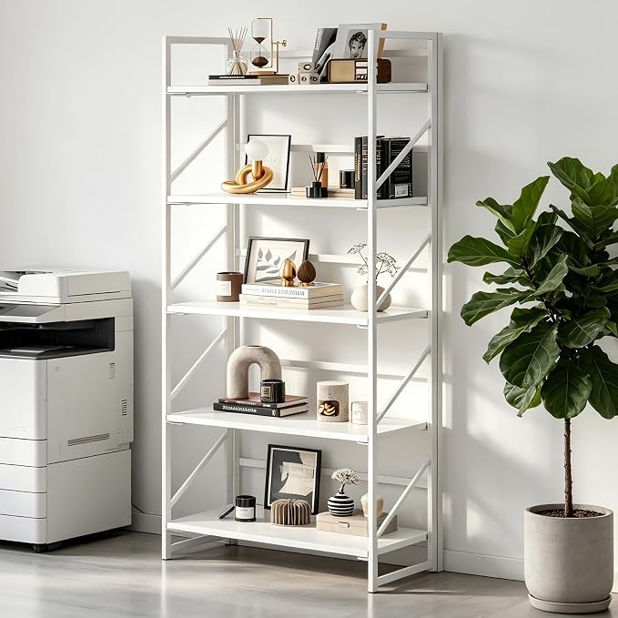 JSB No Assembly Folding Bookshelf, 5 Tier Industrial Metal Book Shelf for Storage, Vintage Wood Foldable Bookcase for Living Room, Bedroom, Office Organization Shelves
