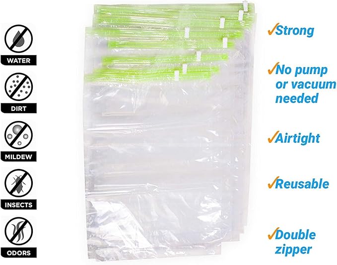 The Chestnut 8 Travel Space Saver Bags - No Vacuum or Pump - for Clothes - Reusable - Luggage Compression - Set of 4 L and 4 M Sacks - Transparent
