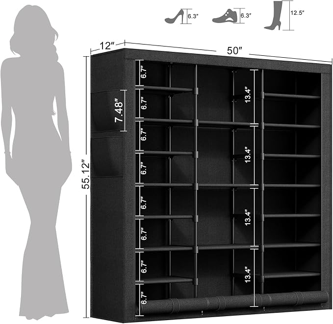 9 Tier Shoe Rack with Cover, Cabinet for 55 Pairs, Black | Large family capacity for boots/heels/sneakers. Reinforced stability. Slim footprint, corner-friendly. Quick no-tool setup.