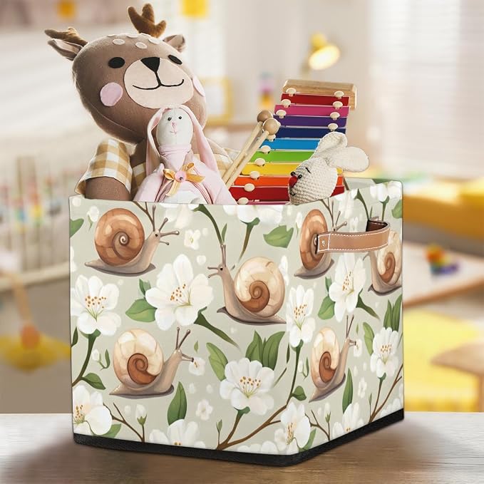 TropicalLife Floral Snail Storage Cube, 13 Inch Fabric Cube Storage Organizer Bin for Shelves Clothes, Decorative Foldable Storage Boxes