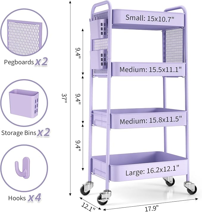 TOOLF 4 Tier Rolling Cart with Pegboard, Metal Storage Organizer Cart with Wheels, Hooks & Bins Esthetician Craft Art Sturdy Storage for Bathroom, Kitchen, Office, Nursery Diaper