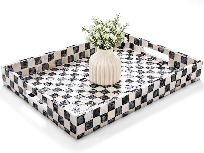 Reallnaive Mother of Pearl Lazy Susan for Table Turntable Organizer Marble Patterned Lazy Susan Wood Spinning Tray Rotating for Kitchen Cabinet Spice Pantry 12 Inch(Square,Black White Checkerboard)