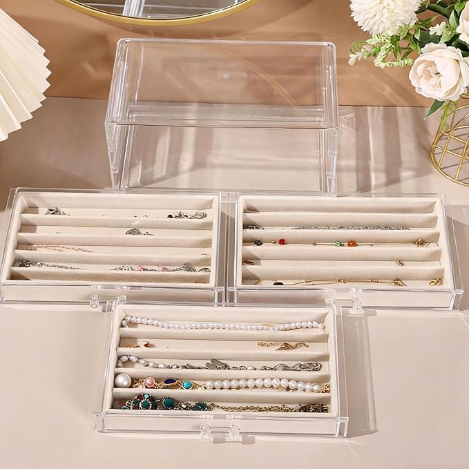 CLUQMEIK Necklace Organizer Box with Clear Lid, Dustproof Velvet Jewelry Holder Storage Display Case, Stackable Acrylic Necklace Tray Drawer Insert for Women and Girls (Beige,3 Drawers)
