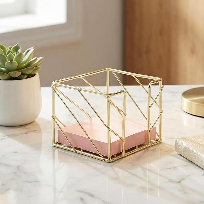 Sticky Note Holder 3.8x3.8 Inches, Gold Desk Accessories | Functional Stylish Metal Notepads Memo Sticky Note Dispenser, Mesh Cube Gold Desk Organizer for Home School Office Supplies