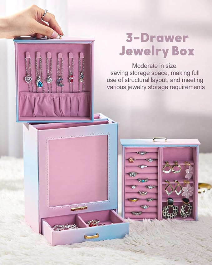 Homde Display Jewelry Box for Girls: Starter Organizer with Clear Window | Vertical Drawers for Earrings Rings Necklaces - Compact Footprint Fits Small Vanities - Birthday&Graduation Gift for Teens