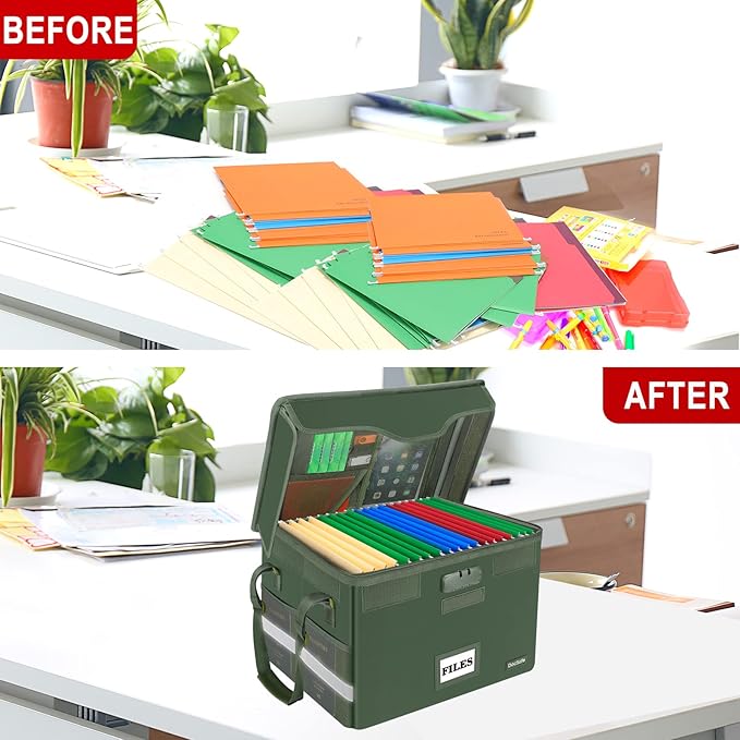 DocSafe Fireproof Document Box with Lock,File Storage Organizer with Pockets,Collapsible Portable File Box Home Office Safe Filing Cabinet with Handle for Hanging Letter/Legal Folders,Green,2 Pack