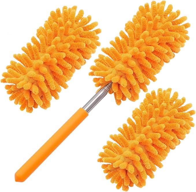 Microfiber Duster for Cleaning, GMLKRY Hand Washable Dusters with 3pcs Replaceable Microfiber Head, Extendable Pole, Detachable Cleaning Supplies for Office, Car, Window, Furniture (Orange)