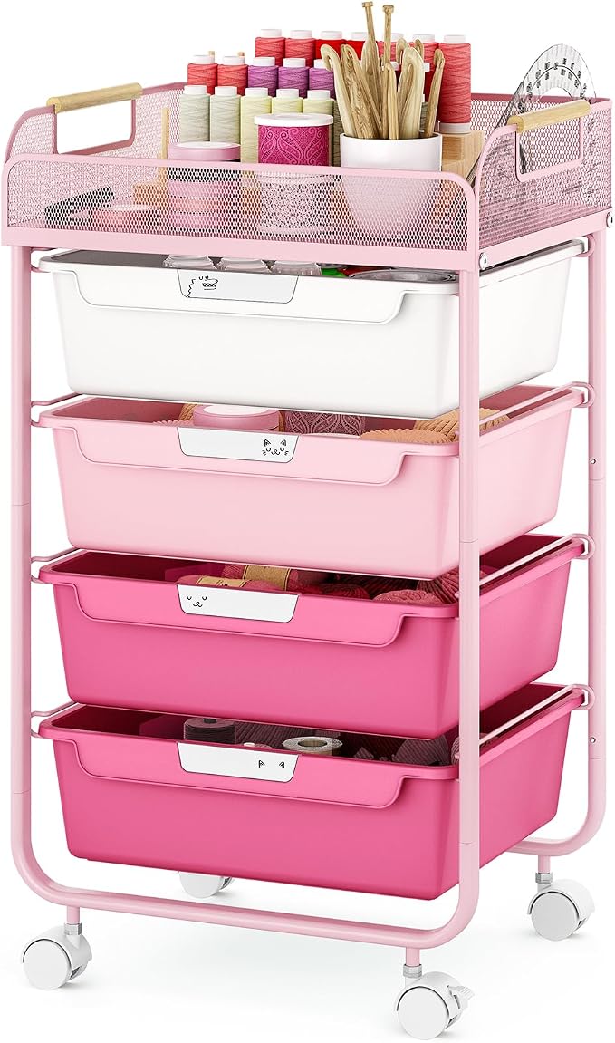 SYKIARIOL 4-Drawer Rolling Storage Cart with Mesh Top, Utility Craft Organizer Cart on Wheels with DIY Labels, Rolling Drawer Cart for Home Office Classroom Bedroom, Rose Pink