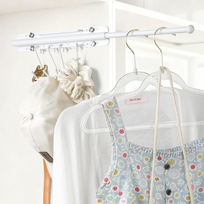 SUTINE 12 inch Valet Rod for Closet Pull Out, Heavy Duty Closet Valet Rods Slide Out, Adjustable Pull Out Closet Rods for Hanging Clothes with 4 Hooks Closet Organizers and Storage (White)