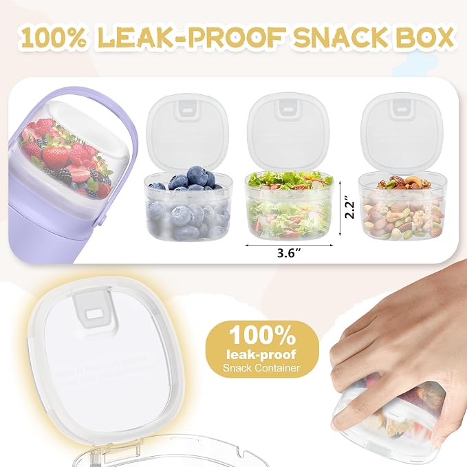 20oz Soup Thermo for Hot Food with a Snack Box Container，Leak Proof Insulated Lunch Container Kids and Adults，Stainless Steel Double Wall Vacuum Wide-mouth Food Jar with Spoon and Handle（Purple）