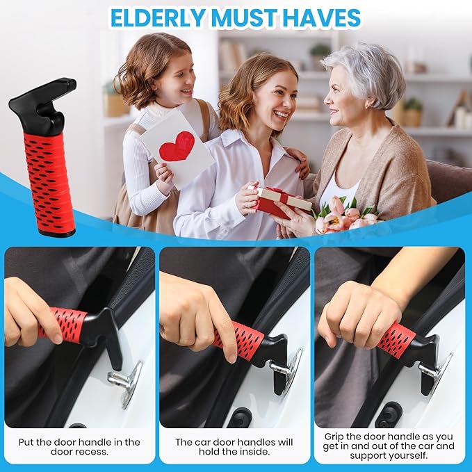 CAidRE Car Door Handle for Elderly, Car Handle Assist Support, Portable Elderly Assistance Mobility Aids for Getting Out of Car, Auto Grab Cane Nylon Strap for Seniors and Handicapped, Red