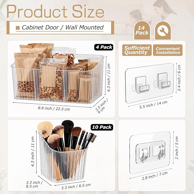 14 Pack Cabinet Door Organizer Adhesive Wall Mount Storage Bins Makeup Containers Stackable Organizer Basket for Kitchen Cabinets, Bathroom, Pantry, Office, Refrigerator (Frosted Clear)