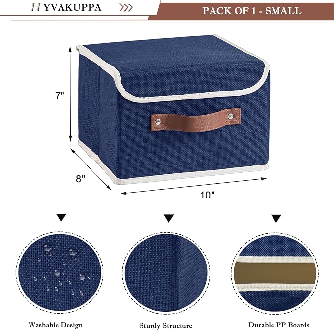 2PCS Collapsible Storage Boxes Baskets with Lid Cotton Linen Fabric Storage Bins with Faux Leather Handles Washable Cube Organizer Container for Home Closet Bedroom (Blue, Small Size)