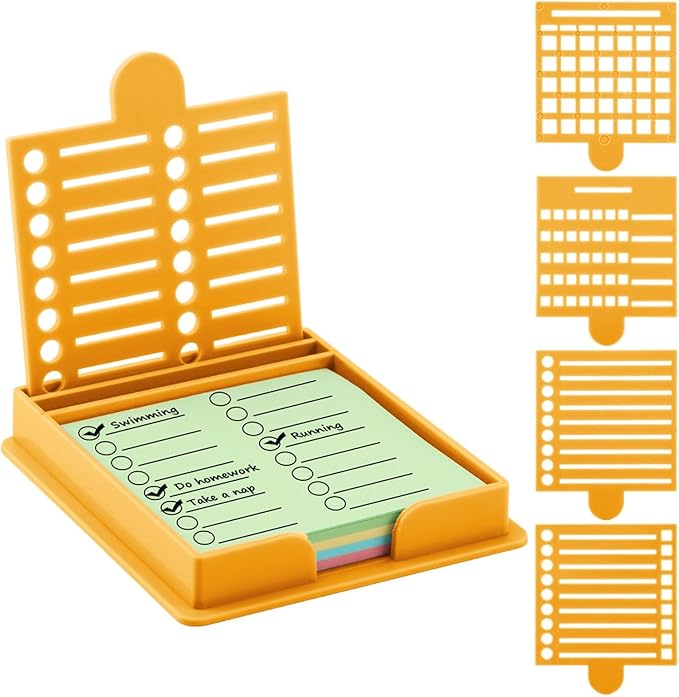 Sticky Note Holder with 5 Different Stencil & 100 Sheet Post It Notes, 3x3 inch Sticky Pads Dispenser with Line Box Drawing Template for Office and Home(COLOR:yellow)