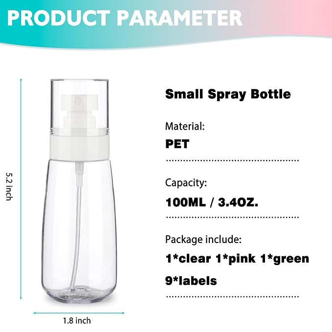 3 Pack 3.4oz/100ml Small Spray Bottle, Empty Plastic Spray Bottles, Fine Mist Travel Spray Bottle for Hair and Face, with 9pcs Labels
