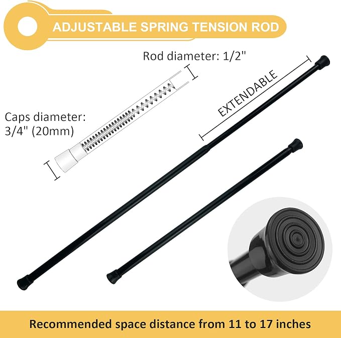 KXLife Spring Tension Curtain Rod Adjustable 11-17 Inch, 6Pcs, Black | No Drilling, Expandable Spring Loaded, Suitable for Window, Sidelight, Kitchen and Small Spaces