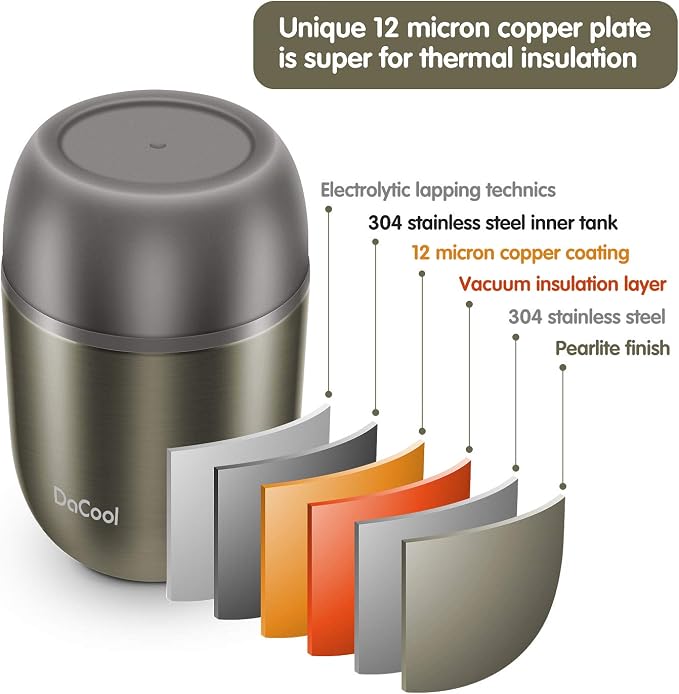 DaCool Food Thermo Insulated Food Jar Lunch Container Vacuum Stainless 16 Ounce Kids Adult Bento Box for Hot Food with Spoon Leak Proof for School Office Picnic Travel Outdoors, BPA free - Gray