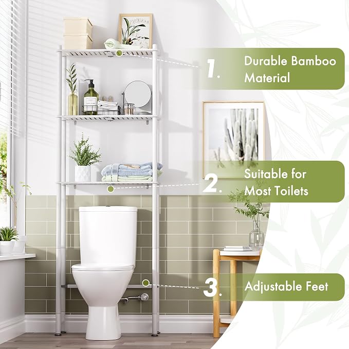 AmazerBath Over The Toilet Storage Bamboo, Bathroom Over Toilet Organizer Rack, 3-Tier Over Toilet Shelf, Space Saver, White