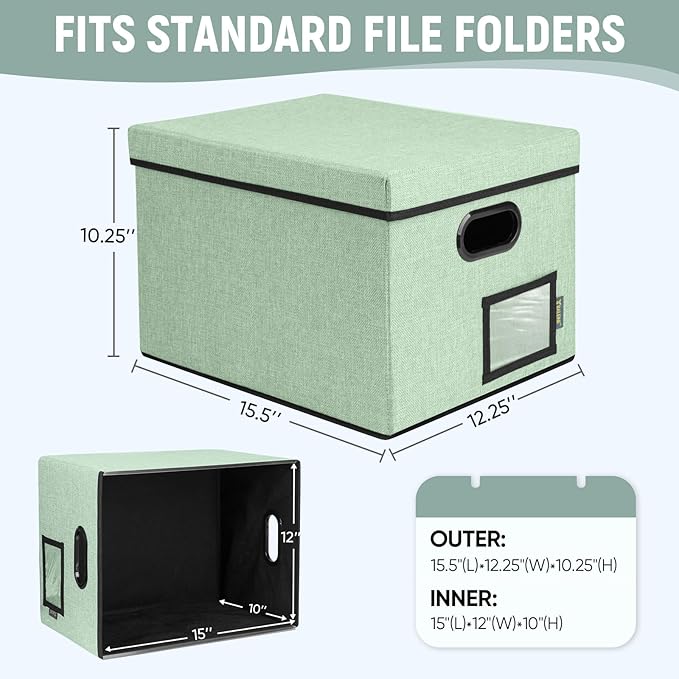 BALEINE File Organizer Box with Lid, Collapsible File Folder Organizer with Plastic Slide, Filing Box for Office Home Document Organizer Storage (Green, 2PK)