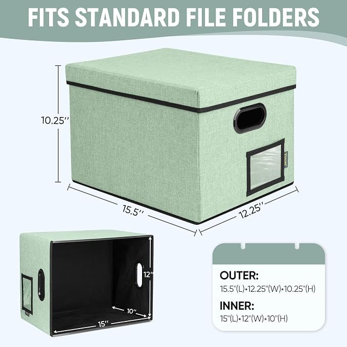 BALEINE File Organizer Box with Lid, Collapsible File Folder Organizer with Plastic Slide, Filing Box for Office Home Document Organizer Storage (Green, 1PK)