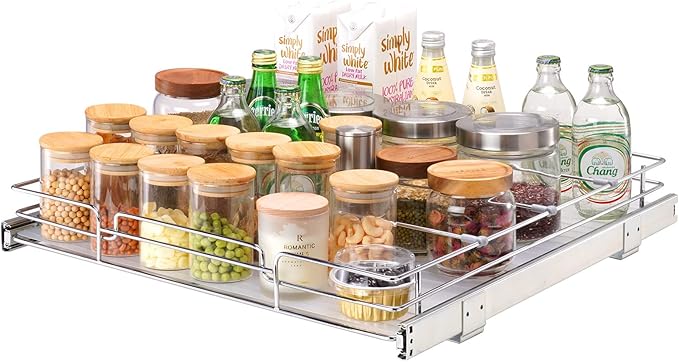 VEVOR 21.5" Wx21 Dx3.5 H Pull Out Cabinet Organizer, Heavy Duty Slide Out Pantry Shelves, Chrome-Plated Steel Roll Out Drawers, Storage for Home, Under Sink, 23" Wx22 Dx7 H Install Size for Cabinet