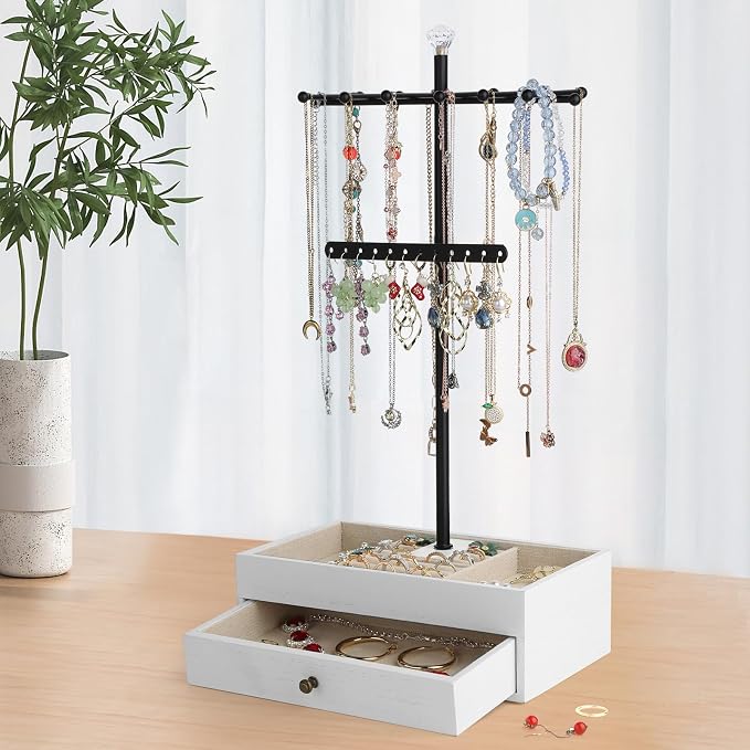 Meangood Jewelry Organizer Stand, 3-Tier Necklace Holder Jewelry Tree with Wooden Storage Drawer Box for Necklace Bracelet Earring Ring,White