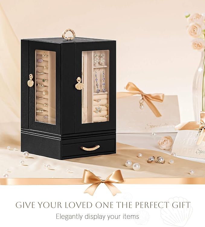 Enthralite Luxury Jewelry Box for Women: 360° Rotating with Clear Window | Compact Jewelry Storage with Drawer - Necklace Ring Organizer with Compartments - Elegant Earring Holder Display Great Gift