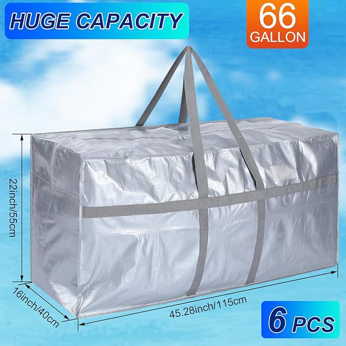 4 Pcs 66 Gallon Extra Large Moving Bags Heavy Duty Storage Bag with Strong Zipper Handle Foldable XXL Jumbo Storage Tote Packing Moving Box for College Dorm Travel Cloth Duffle (Silver)