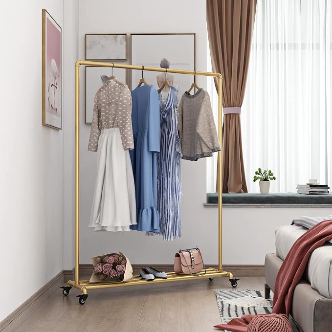 Industrial Gold Clothing Racks on Wheels, Boutique Display Gold Clothes Rack with Shelf, Rolling Garment Rack for Retail Use