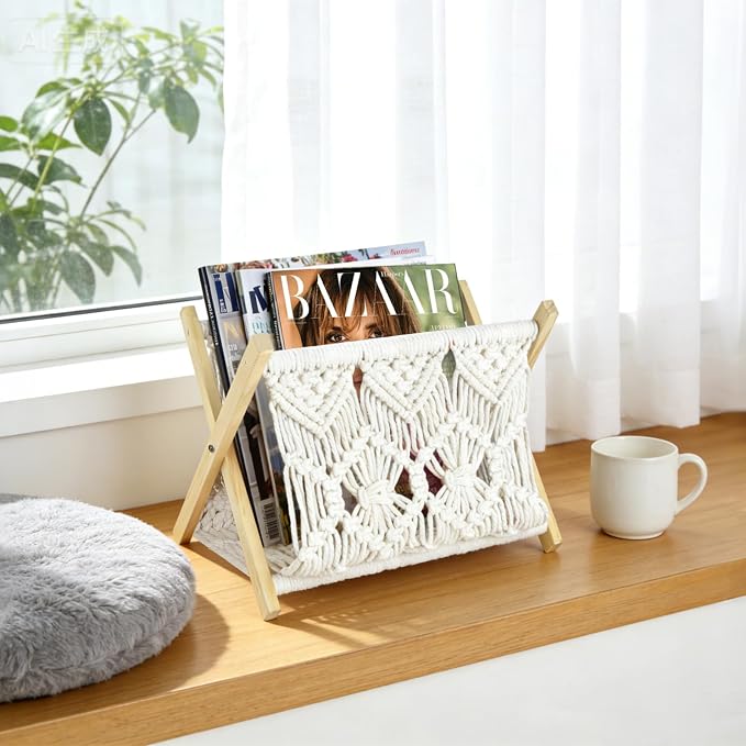 Boho Macrame Magazine Holder,Hand-Woven Magazine Rack for Home Office | Multifunctional Storage Basket for Letters, Magazines, Books and Newspapers