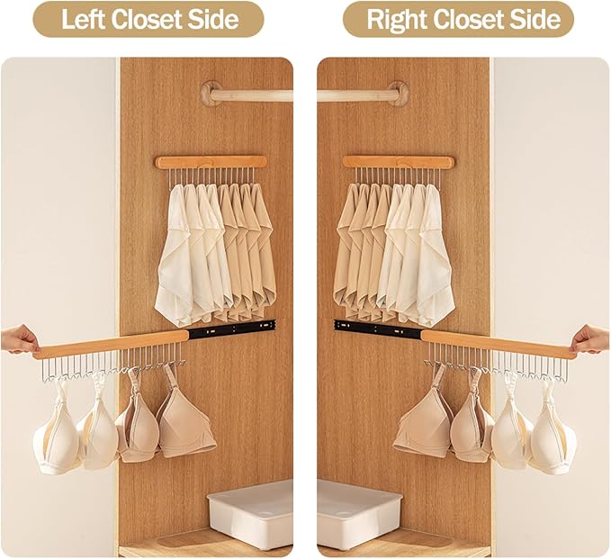 Pull Out Belt Rack for Closet, Sliding Hooks Hanger Rack for Bras Ties Tank Top Scarf Jewelry, Space Saving Organizr for Wardrobe Cabinet, Right Side 8 Hooks Rail, 2 Pcs