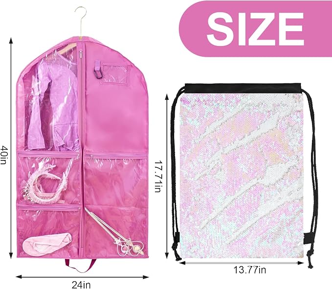 Dance Costume Garment Bag for Dancers with Backpack Storage Bag,40 inch Kids Garment Bag for Dance Competitions with Pockets for Dance Costumes,Cheer Uniform Garment Bags for Hanging Clothes Travel