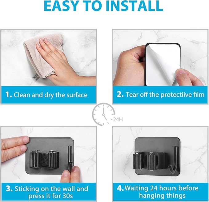 homeasy Mop Broom Holder No Drill, Mop Broom Organizer Wall Mounted Heavy Duty with Hooks Hanger, Self Adhesive Stainless Steel 6Pcs for Bathroom, Kitchen, Office (Black)