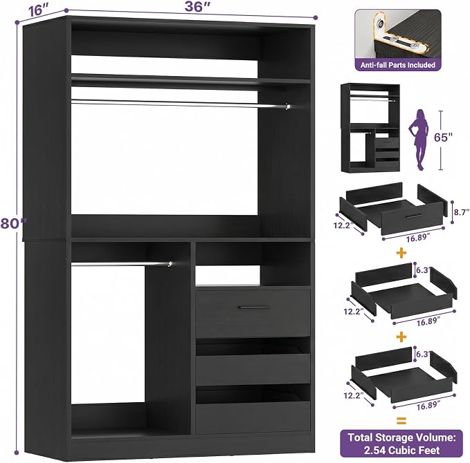 iSunirm 36'' Closet System with Long Hanging Rods, 3FT Modular Closet Organizer System with 4 Shelves, Wood Walk-in Closet with Closed & 2 Half-Open Drawers, 80" H Adjustable Garment Rack, Black