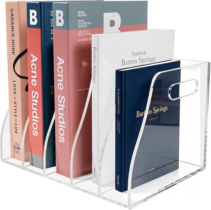 Acrylic Magazine File Holder with Carrying Handle, 5 Vertical Compartments Desk File Organizer, Clear File Sorter for Office, Magazines, Books, B5 Size
