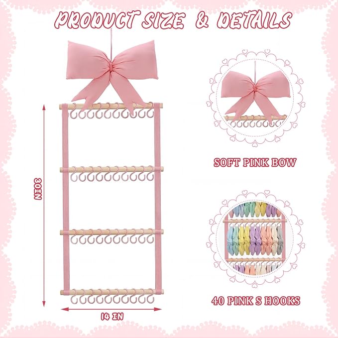 Sliner Pink Bow Headband Holder Head Bands Organizer for Girls, Baby Wall-mounted Headbands Hair Accessories Display Rack with 40 Plastic Hooks for Nursery Room Bedroom Living Room