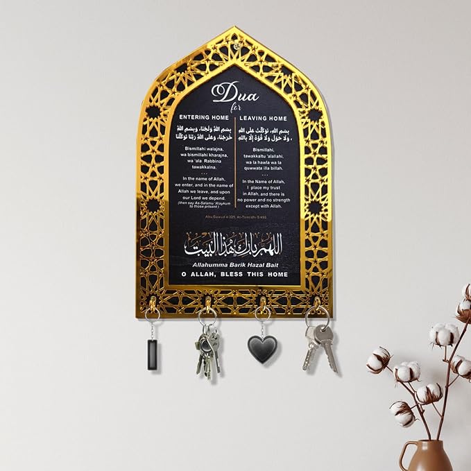 Islamic Wall Art, Acrylic Wood Wall Hanging Organizer with Hooks, Ramadan Mubarak Eid Mubarak Decor, Crescent Moon Key Holder, Islamic Home Decor for Entryway, Ramadan Eid Gifts for Women, Gold-Black