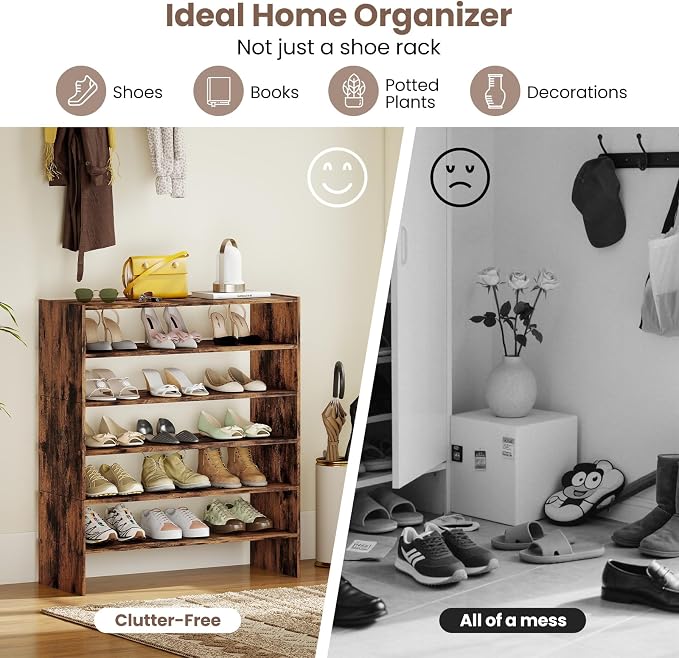 COSTWAY 6-Tier Shoe Rack, Extra Wide Shoe Shelf Organizer with Stackable Design, 31" Freestanding Adjustable Storage Shoe Stand for Small Space Entryway Hallway Closet (2,Rustic Brown)