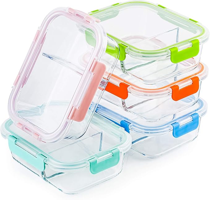 C CREST Glass Meal Prep Containers 2 Compartment Set, 5-Pack, 34oz | Glass Bento Boxes for Adults, Divided Glass Lunch Containers with Lids