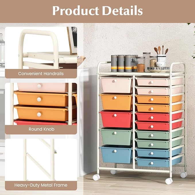 COSTWAY 15 Drawer Rolling Storage Cart, Mobile Storage Organizer | Removable Drawers & Metal Frame, Multipurpose Utility Tools Paper Organizer on Wheels for Home, Office (Macaron)
