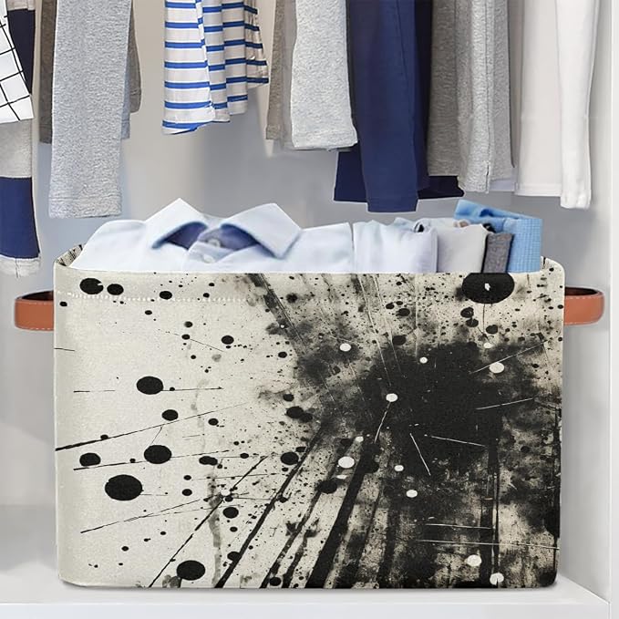 Rectangular Storage Baskets Abstract Black And White Ink Splatter Fabric Storage Bin Toy Organizer Box with PU Leather Handles for Room Decor