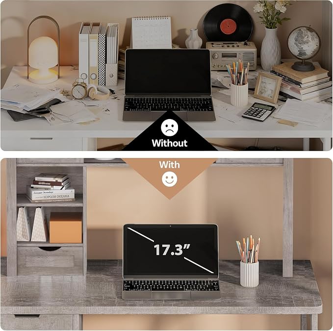 Large Desktop Bookshelf with Sliding Barn Door, 47.2''W Desk Shelf Display Rack, Desktop Organizer Storage Rack with 7 Cubbies and Drawer, Home, Desk Shelf for Office, Dorm, Vanity, Oak