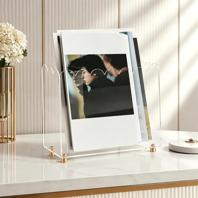 Acrylic Magazine Holder, Clear Acrylic Magazine File Holder, Acrylic Magazine Rack Floor with Curved Edge and Gold Metal Feet, Space Saving Organizer for Books, Magazines, Mail, Documents