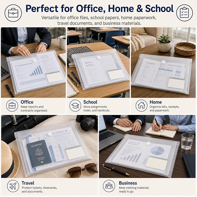 10 Pack Clear Folders for Documents Plastic Folders with Label Pockets, Waterproof Poly File Folders, Plastic Envelopes with Hook and Loop Closure, Letter Size/A4 for Teacher School Office Home