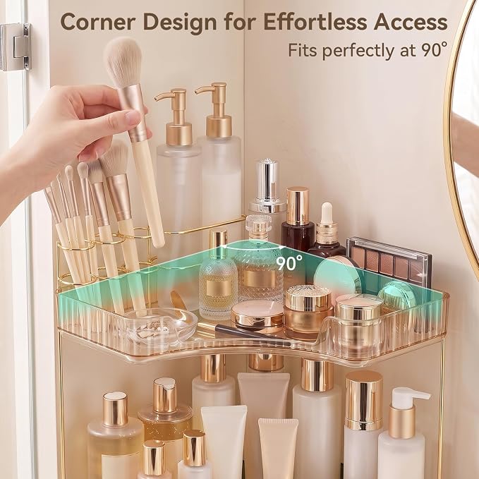2-Tier Corner Bathroom Counter Organizer with Makeup Brush Holder, Gold | Large Makeup Organizers for Vanity, Corner Bathroom Countertop Organizer for Cosmetic Perfume Skincare Storage