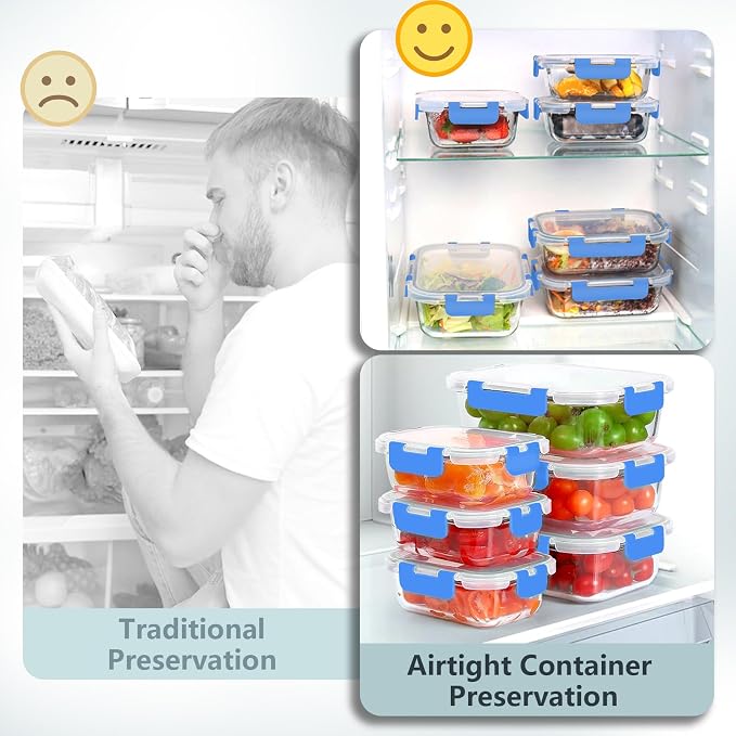 12 Pack Glass Food Storage Container Set with Lids Non Toxic, Stackable Borosilicate Glass Meal Prep Containers, Microwave, Oven, Freezer and Dishwasher Safe (Blue-12)