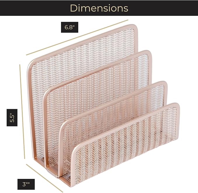 BLU MONACO Rose Gold Metal Mesh Letter Sorter | 3-Slot Vertical Mail Organizer for Desk, Office and Home | Compact Mail Holder for Envelopes, Documents and Files | Modern Desktop Organizer