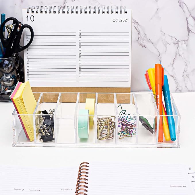 MEI YI TIAN Clear PS Stationery Organizer Large Pen Holder Detachable Storage Boxes 8 Compartments Case Compact Makeup Organizer for Desk Drawer